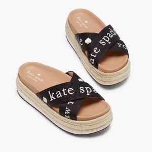 NWT Kate Spade Piper Flatform Espadrilles Black Straw Sandals Slippers Size 7.5